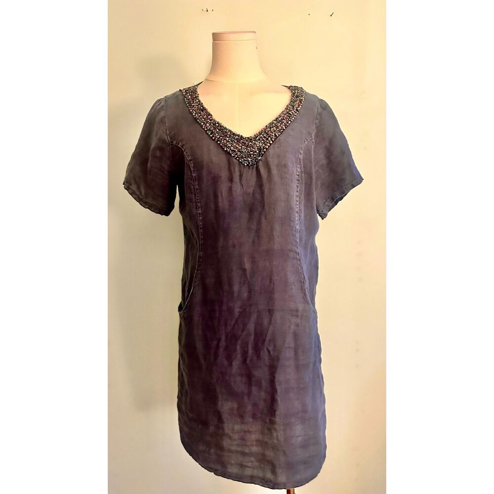 Lina Tomei Linen Beaded Shift Dress Size S Lagenlook Artsy Linen Short Sleeve